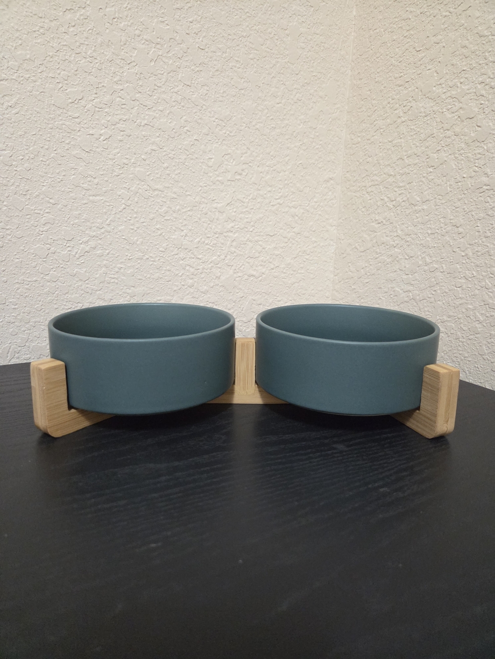 Small Ceramic Pet Bowls on Bamboo Stand - Teal